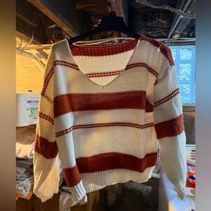 Striped V-Neck Sweater - White and Brown
